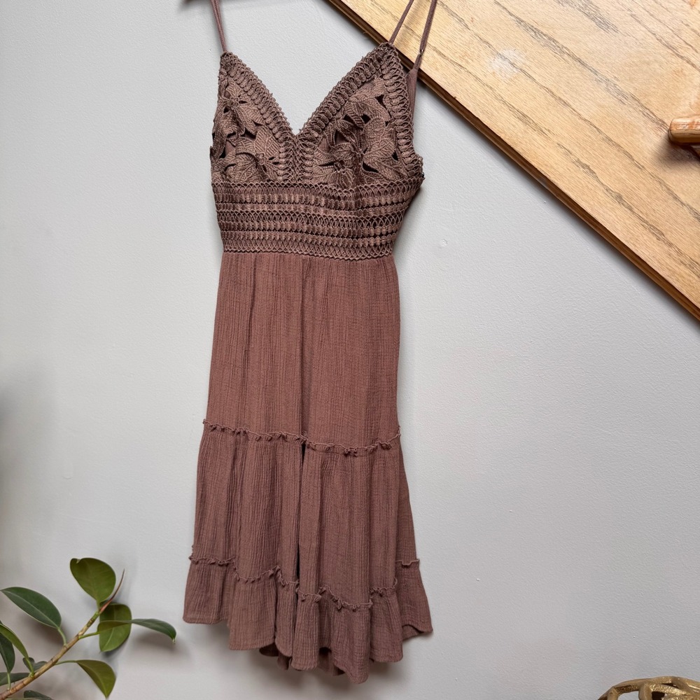Y2K Boho Chocolate Brown Gauze Crochet Tiered V Neck Dress Goblincore Babydoll S - Picture 4 of 10